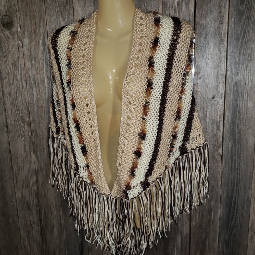 Beige Brown Hand Knitted Shawl Scarf Wrap Boho New - Picture 7 of 9